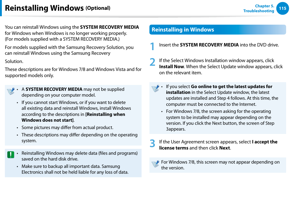 Reinstalling windows (optional), Reinstalling windows | Samsung NP770Z7E-S01UB User Manual | Page 116 / 153