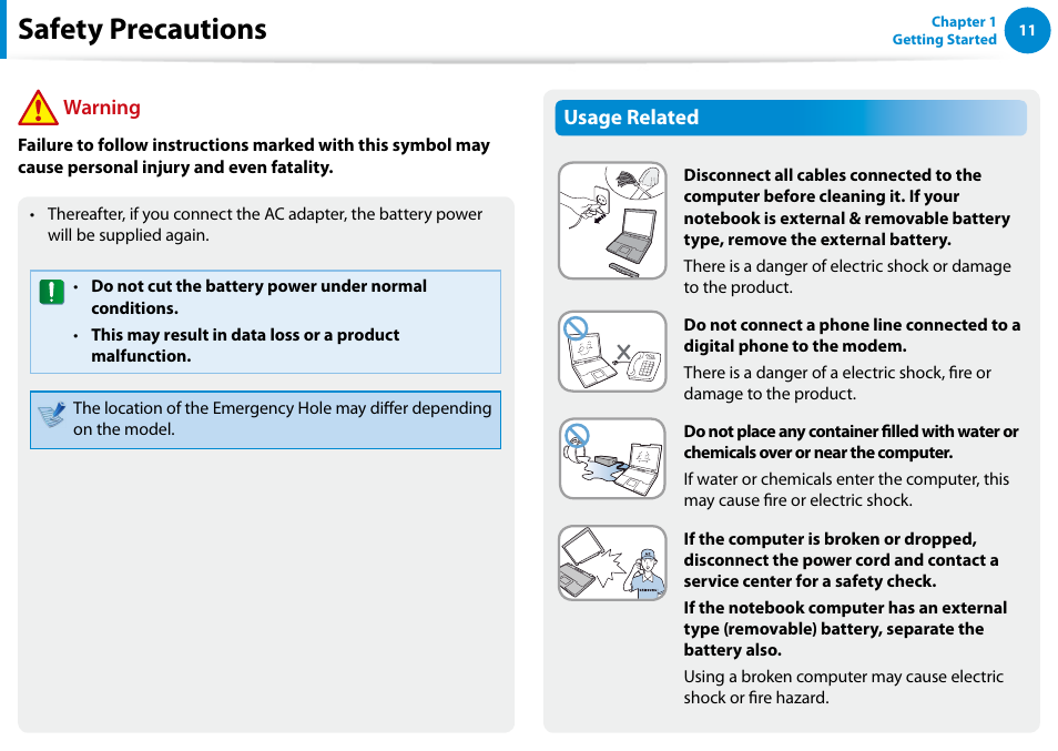 Safety precautions, Warning, Usage related | Samsung NP770Z7E-S01UB User Manual | Page 12 / 153