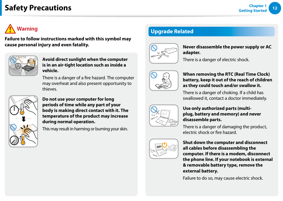 Safety precautions, Upgrade related, Warning | Samsung NP770Z7E-S01UB User Manual | Page 13 / 153