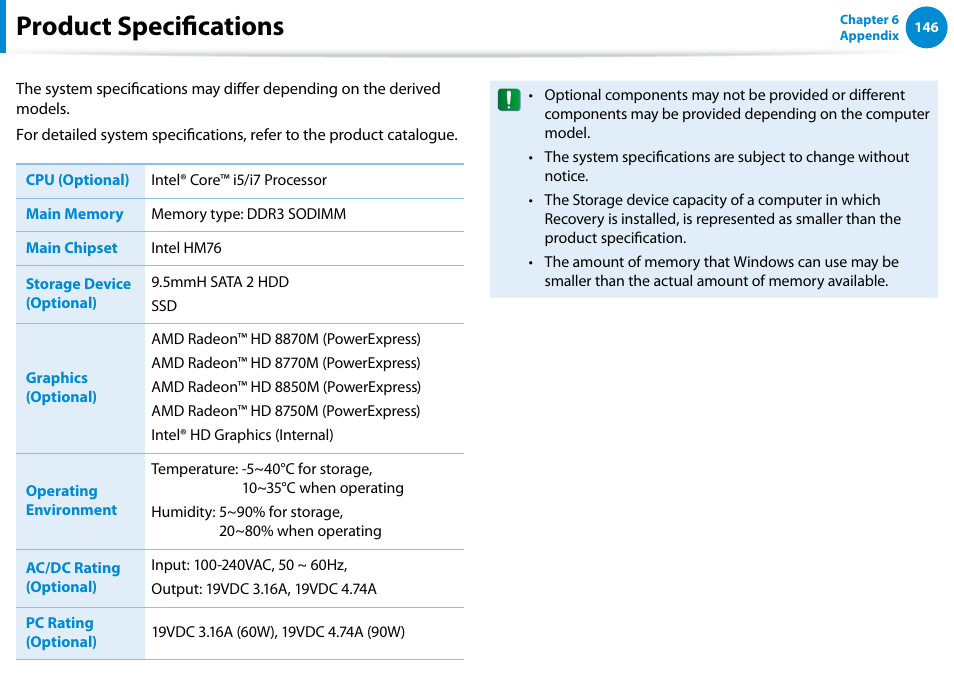 Product specifications | Samsung NP770Z7E-S01UB User Manual | Page 147 / 153