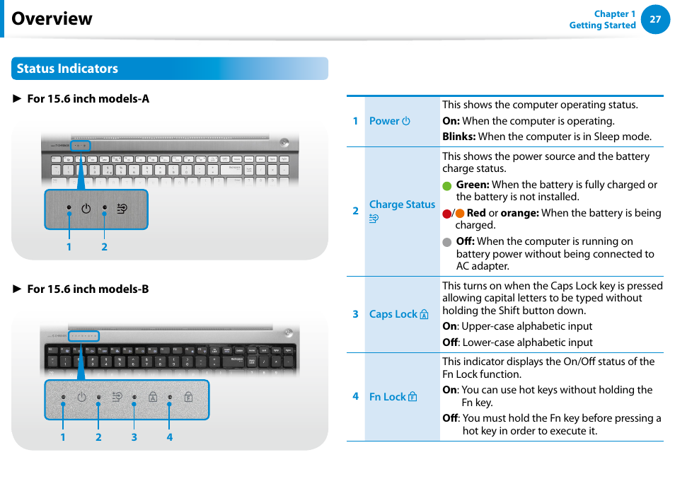 Overview, Status indicators | Samsung NP770Z7E-S01UB User Manual | Page 28 / 153