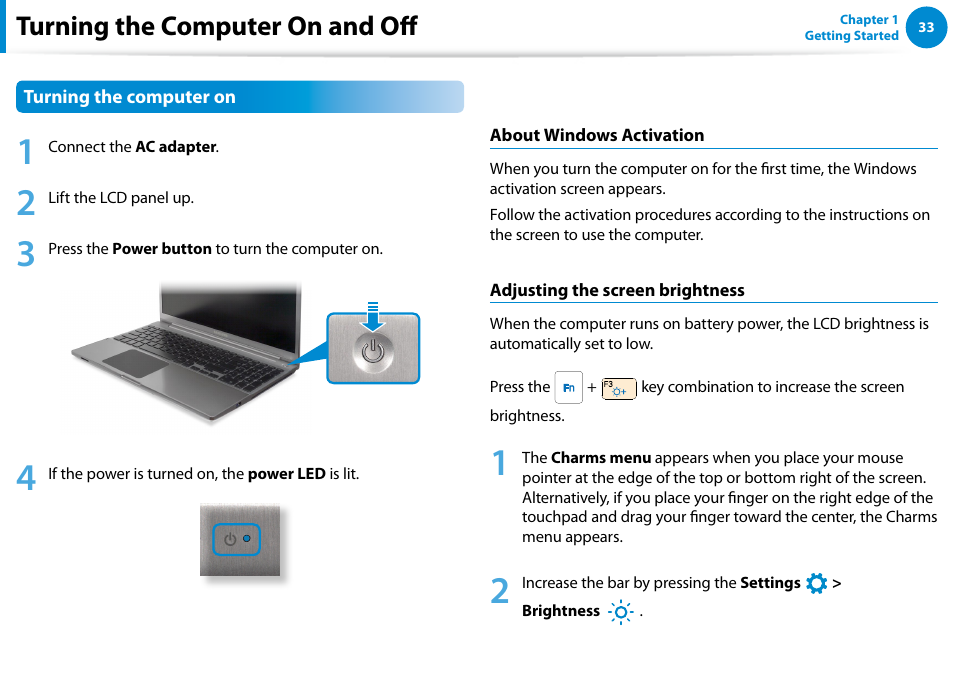 Turning the computer on and off | Samsung NP770Z7E-S01UB User Manual | Page 34 / 153