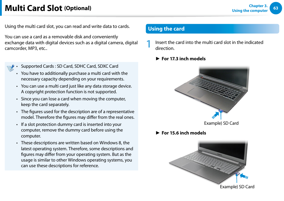 Multi card slot (optional), Multi card slot, Optional) | Samsung NP770Z7E-S01UB User Manual | Page 64 / 153