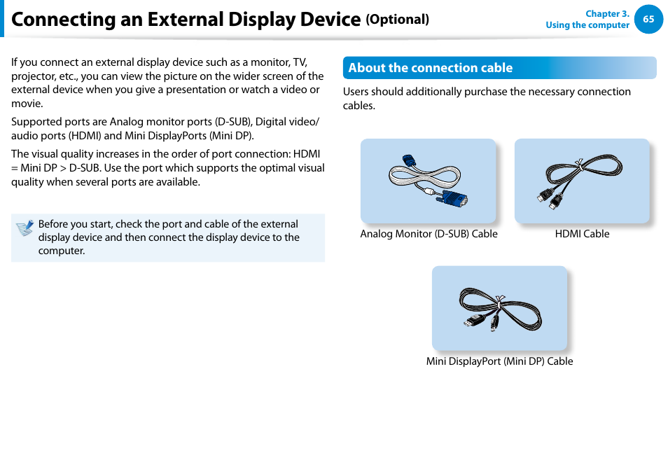 Connecting an external display device (optional), Connecting an external display device, Optional) | Samsung NP770Z7E-S01UB User Manual | Page 66 / 153