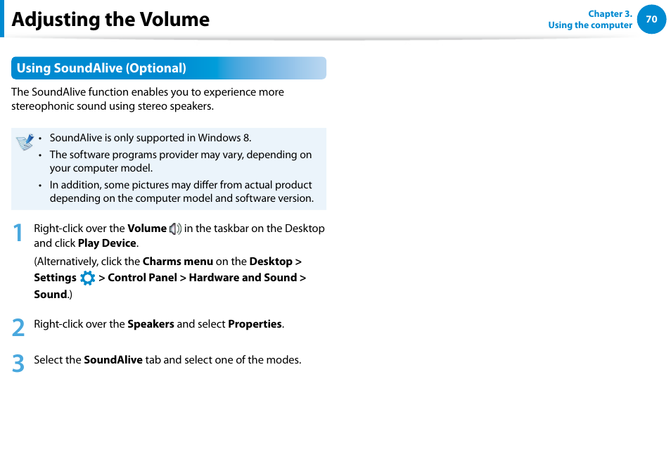 Adjusting the volume | Samsung NP770Z7E-S01UB User Manual | Page 71 / 153