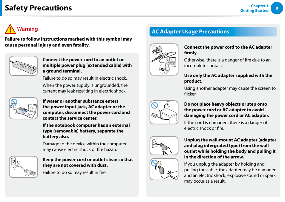 Safety precautions, Ac adapter usage precautions, Warning | Samsung NP770Z7E-S01UB User Manual | Page 9 / 153