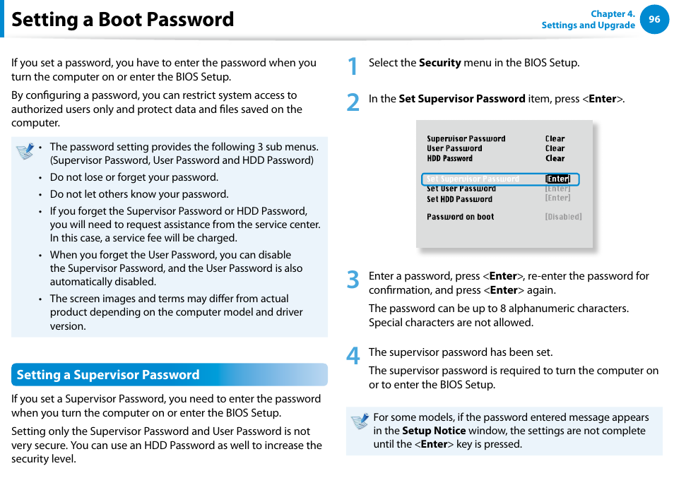 Setting a boot password | Samsung NP770Z7E-S01UB User Manual | Page 97 / 153