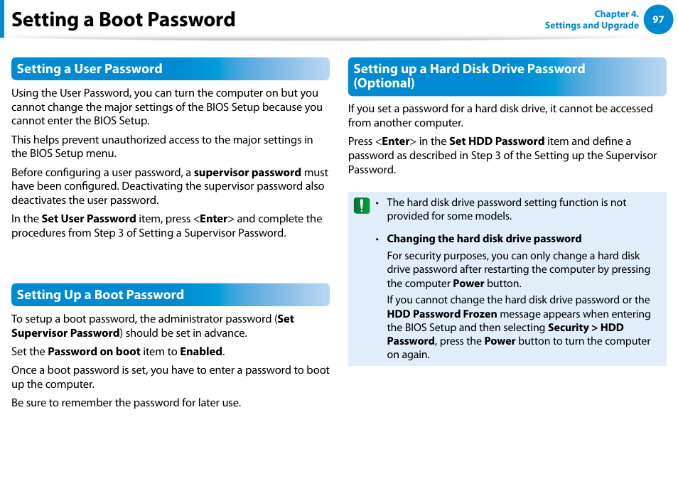 Setting a boot password | Samsung NP770Z7E-S01UB User Manual | Page 98 / 153