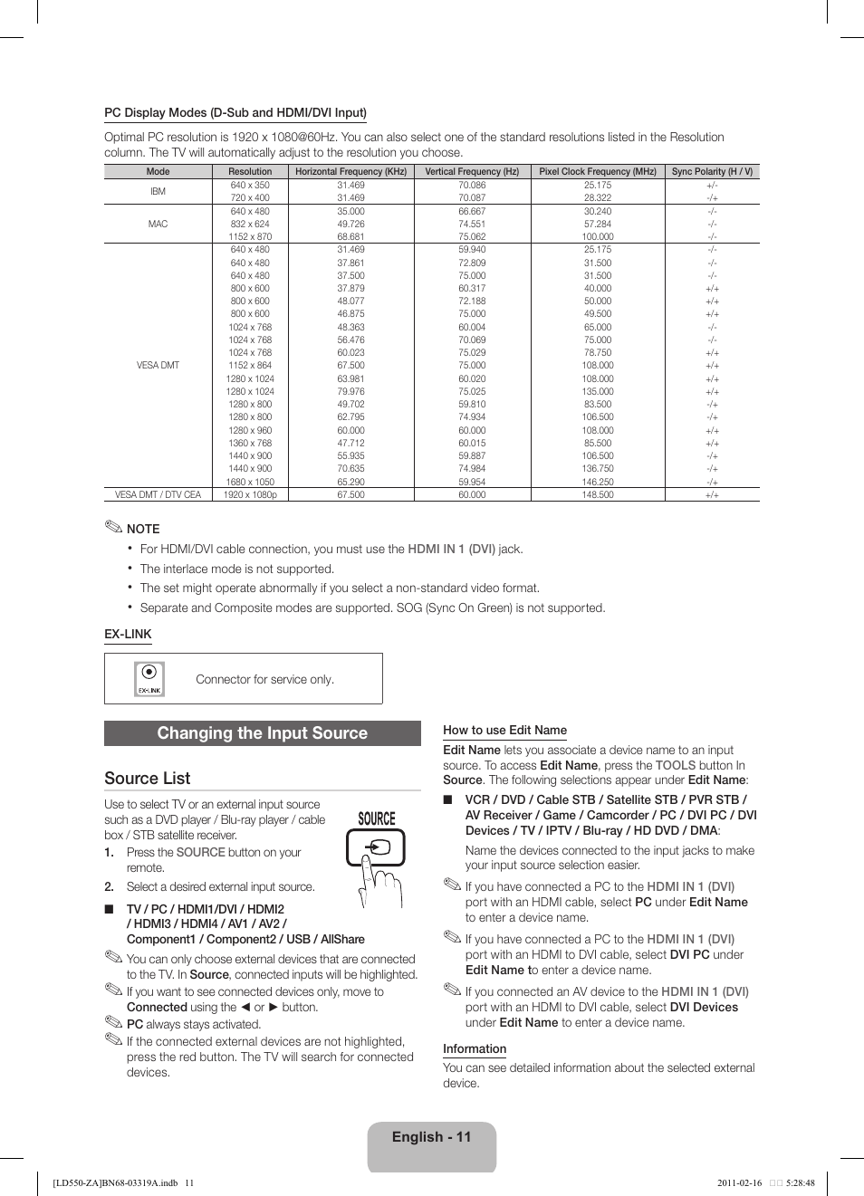 Changing the input source source list | Samsung LN46D550K1FXZA User Manual | Page 11 / 19