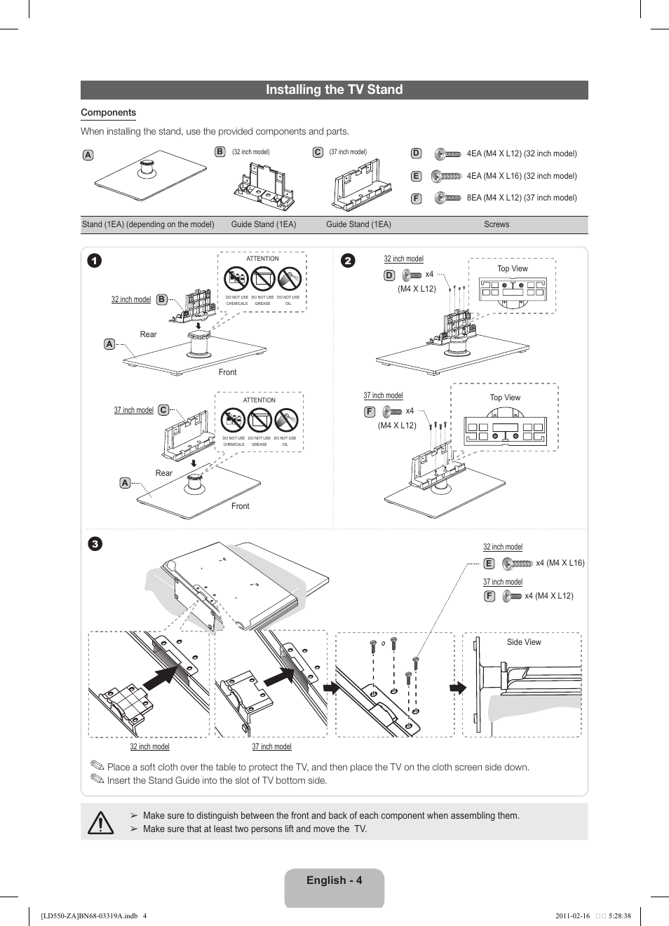 Installing the tv stand, English - 4 | Samsung LN46D550K1FXZA User Manual | Page 4 / 19