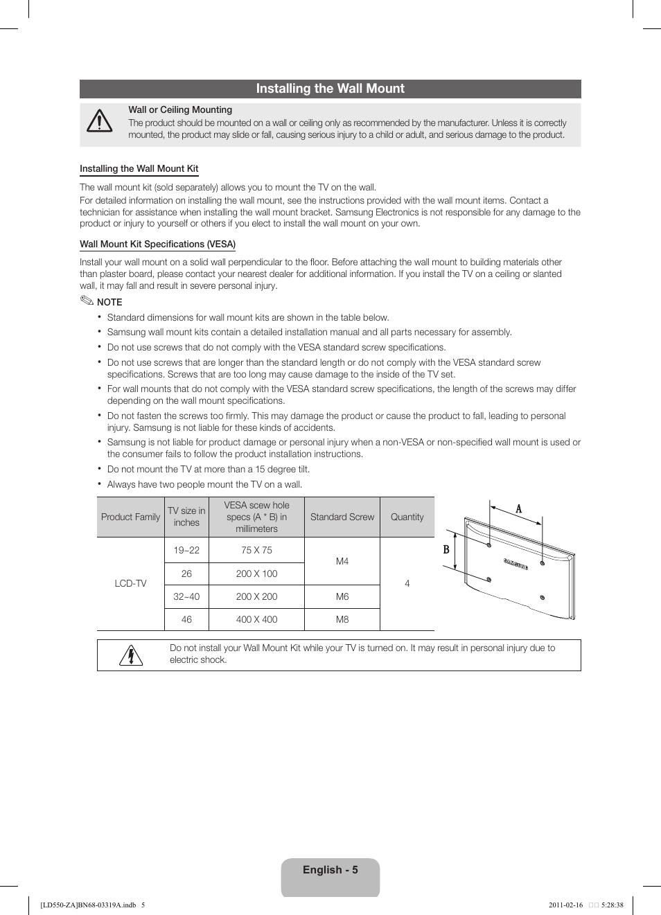 Installing the wall mount | Samsung LN46D550K1FXZA User Manual | Page 5 / 19