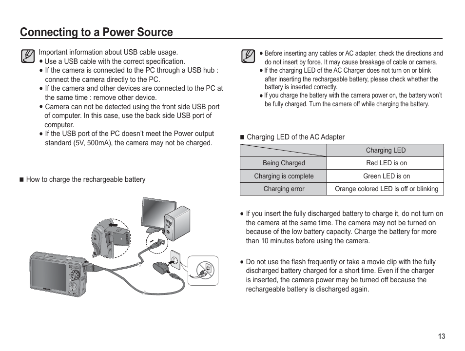 Connecting to a power source | Samsung EC-SL620ABP-US User Manual | Page 14 / 103