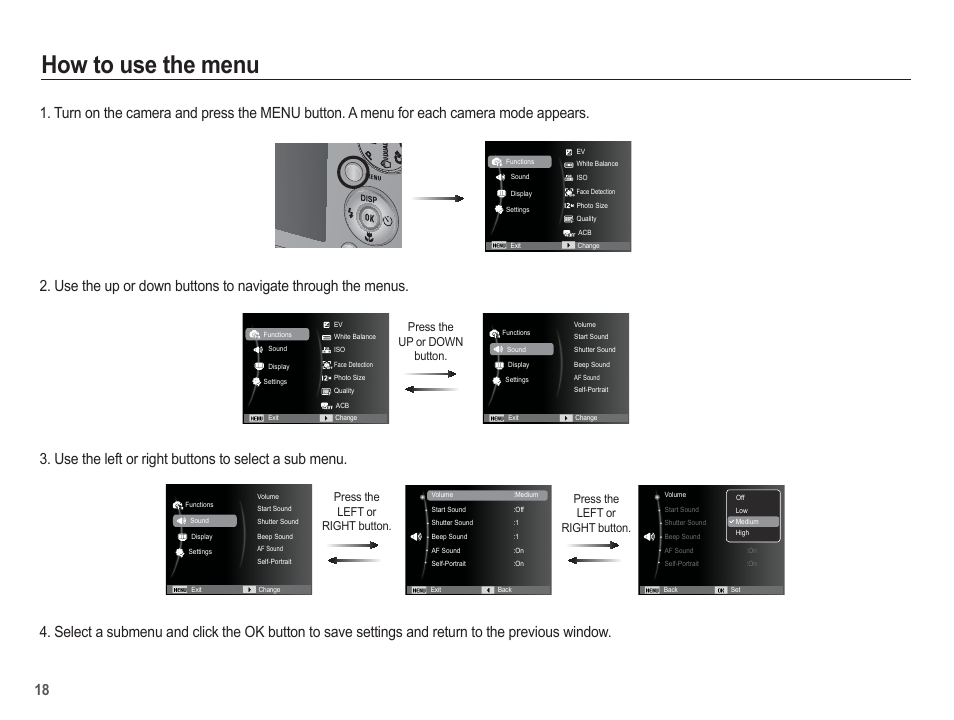 How to use the menu, Press the up or down button | Samsung EC-SL620ABP-US User Manual | Page 19 / 103