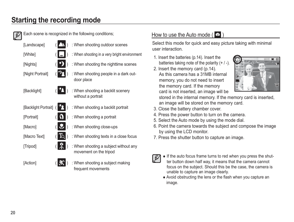 Starting the recording mode | Samsung EC-SL620ABP-US User Manual | Page 21 / 103