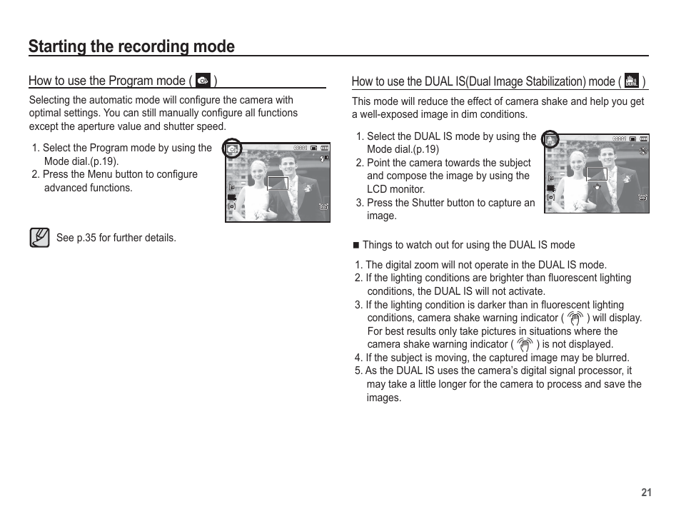 Starting the recording mode | Samsung EC-SL620ABP-US User Manual | Page 22 / 103