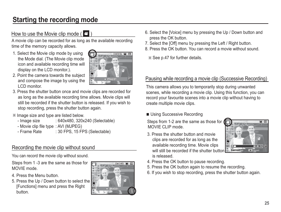 Starting the recording mode | Samsung EC-SL620ABP-US User Manual | Page 26 / 103