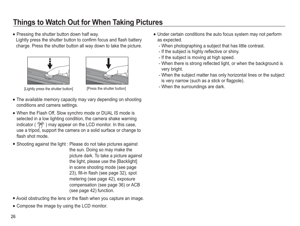 Things to watch out for when taking pictures | Samsung EC-SL620ABP-US User Manual | Page 27 / 103