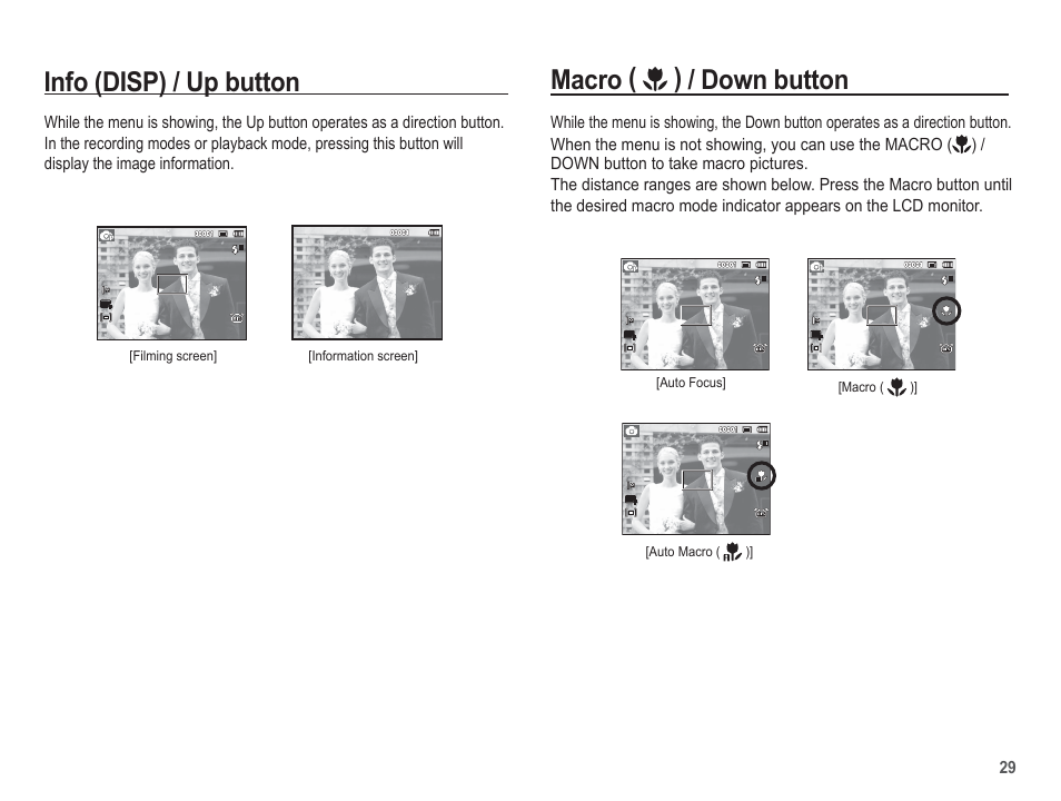 Macro ( ) / down button, Info (disp) / up button | Samsung EC-SL620ABP-US User Manual | Page 30 / 103