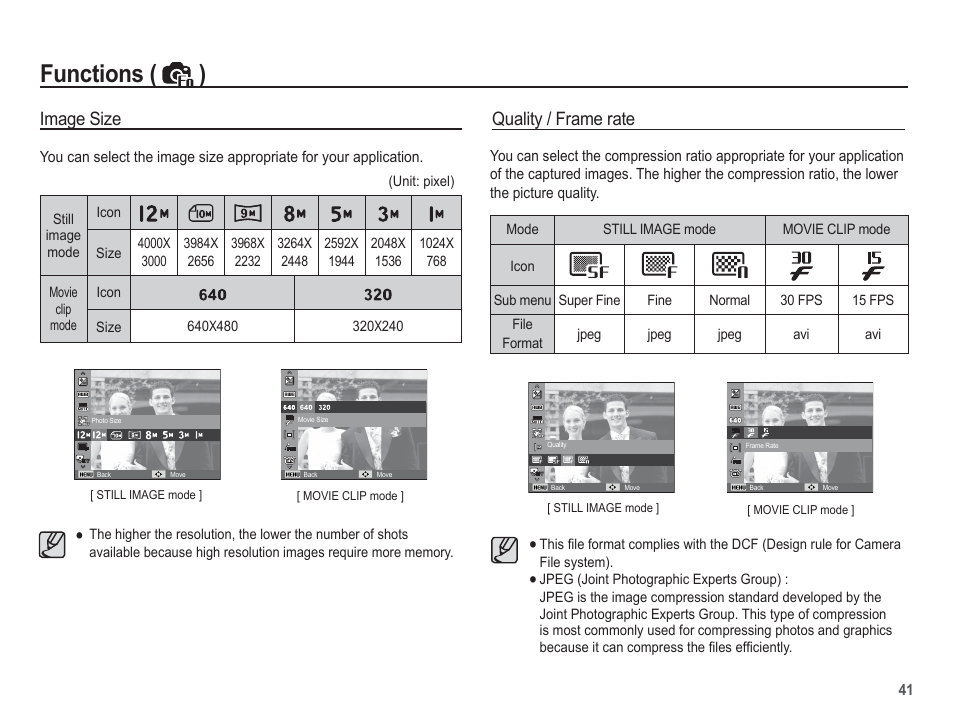 Functions ( ), Image size, Quality / frame rate | Samsung EC-SL620ABP-US User Manual | Page 42 / 103