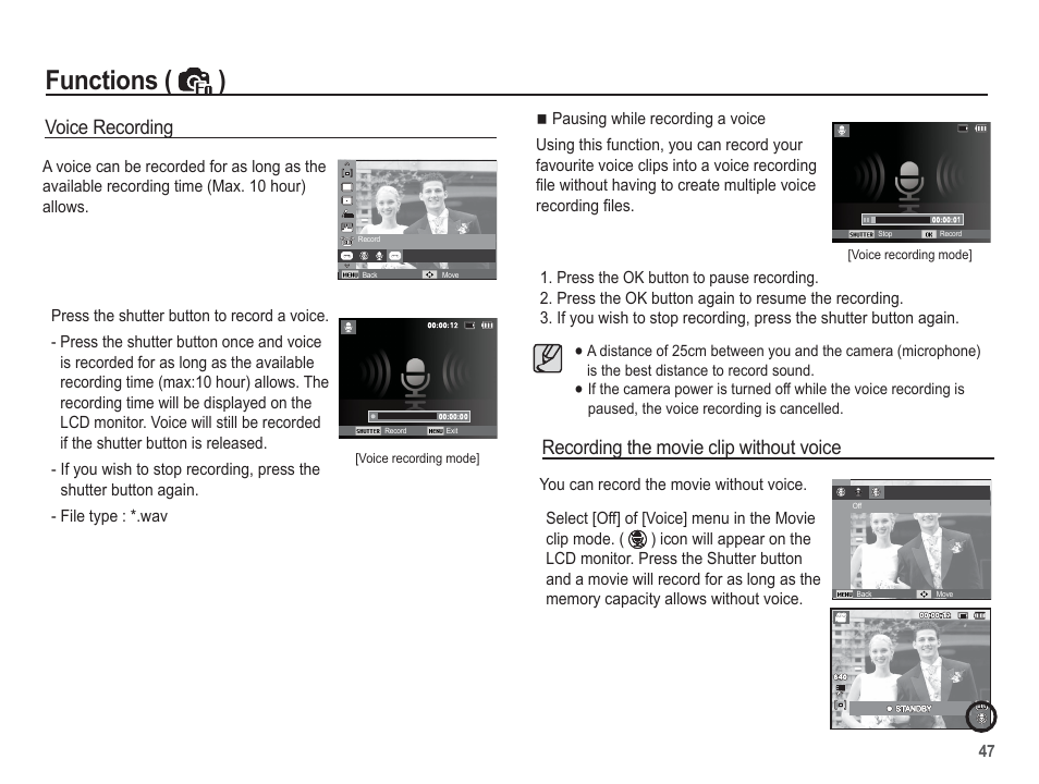 Functions ( ), Voice recording, Recording the movie clip without voice | Samsung EC-SL620ABP-US User Manual | Page 48 / 103