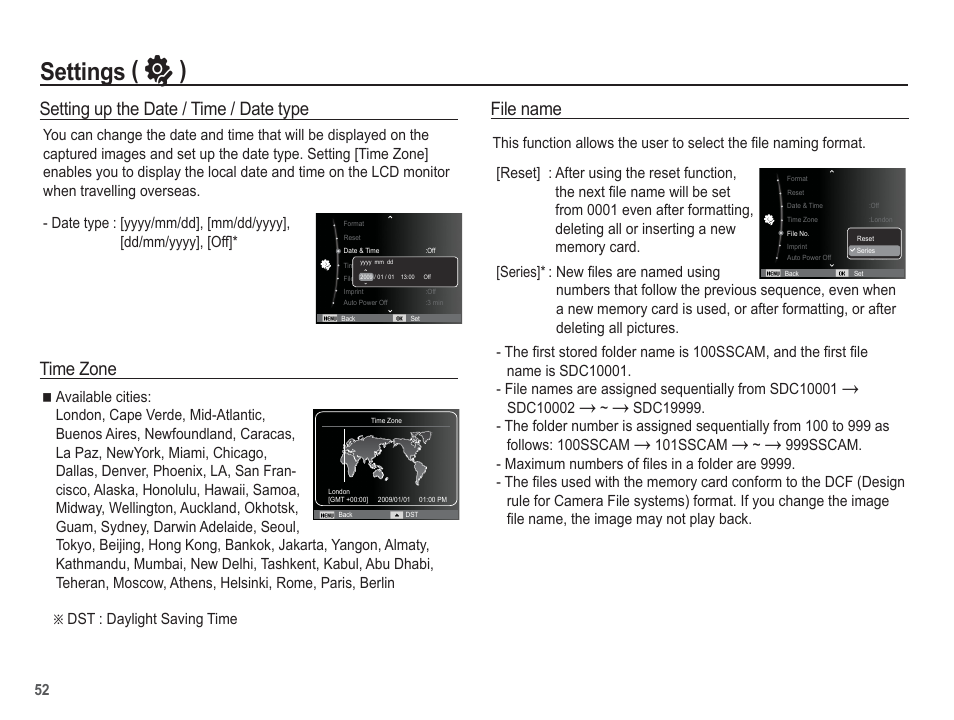 Settings ( ” ), File name, Setting up the date / time / date type | Time zone | Samsung EC-SL620ABP-US User Manual | Page 53 / 103