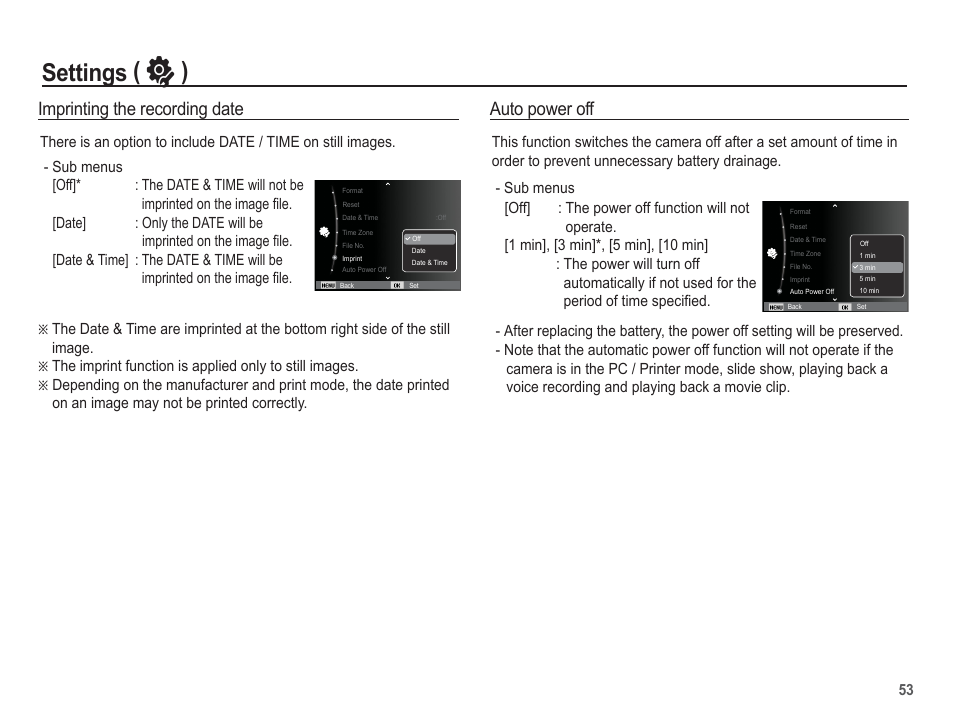 Settings ( ” ), Imprinting the recording date, Auto power off | Samsung EC-SL620ABP-US User Manual | Page 54 / 103