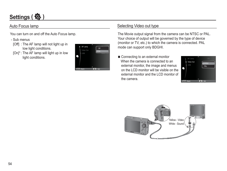 Settings ( ” ), Selecting video out type, Auto focus lamp | Samsung EC-SL620ABP-US User Manual | Page 55 / 103