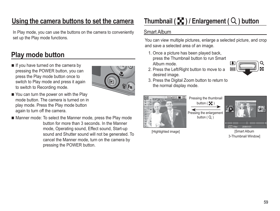 Play mode button, Smart album | Samsung EC-SL620ABP-US User Manual | Page 60 / 103