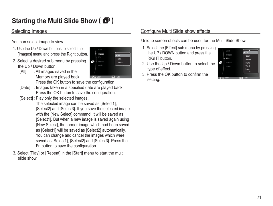 Starting the multi slide show (  ), Selecting images, Configure multi slide show effects | Samsung EC-SL620ABP-US User Manual | Page 72 / 103