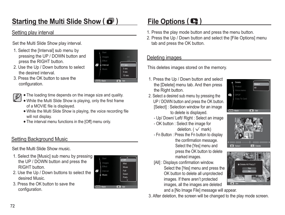 Starting the multi slide show (  ), File options ( ), Setting background music | Deleting images, Setting play interval | Samsung EC-SL620ABP-US User Manual | Page 73 / 103