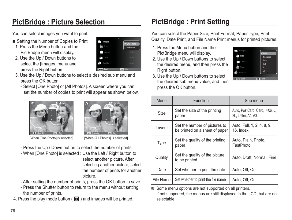 Pictbridge : picture selection, Pictbridge : print setting | Samsung EC-SL620ABP-US User Manual | Page 79 / 103