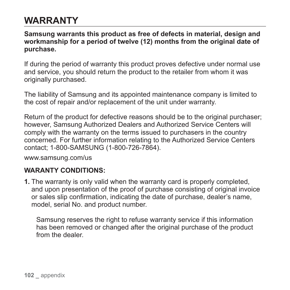 Warranty | Samsung YP-T10JAUY-XAA User Manual | Page 102 / 107