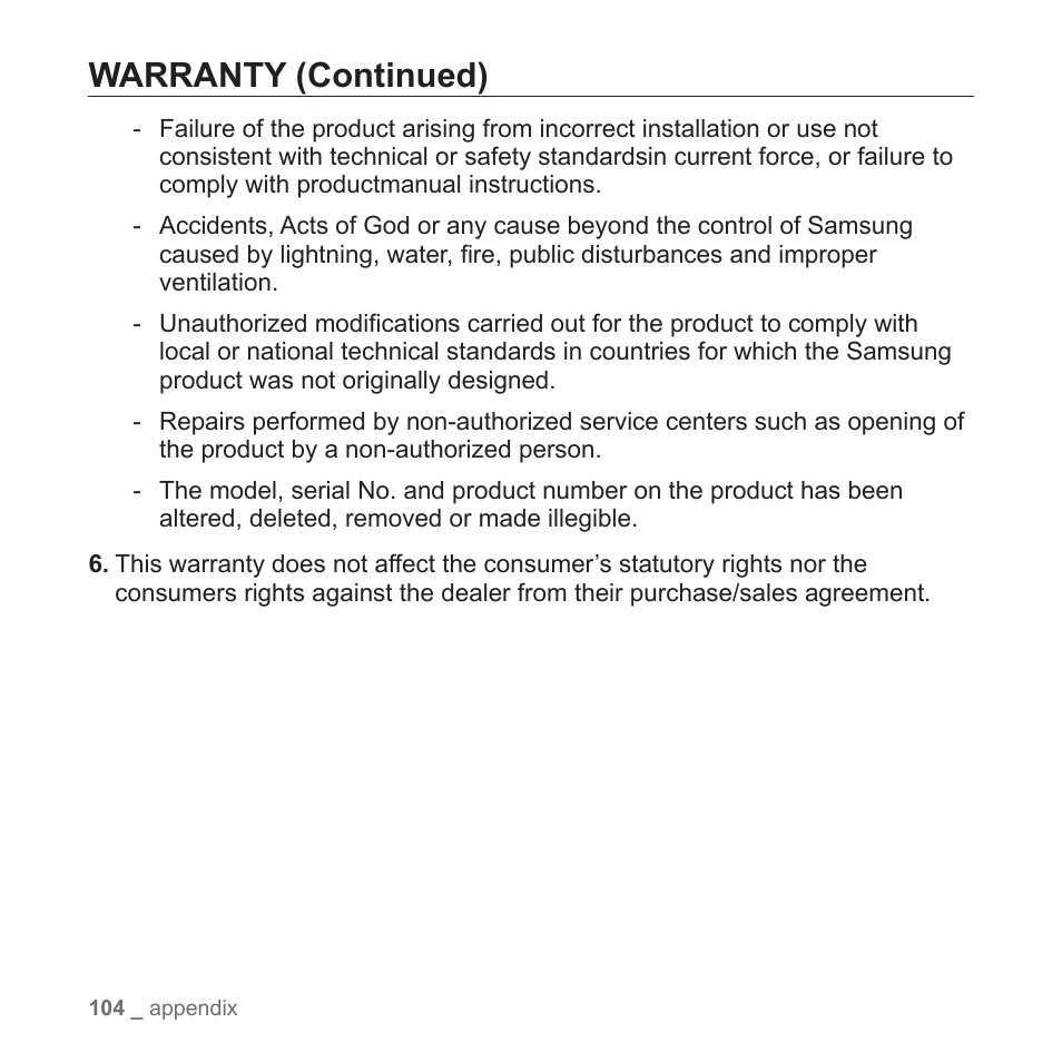 Warranty (continued) | Samsung YP-T10JAUY-XAA User Manual | Page 104 / 107