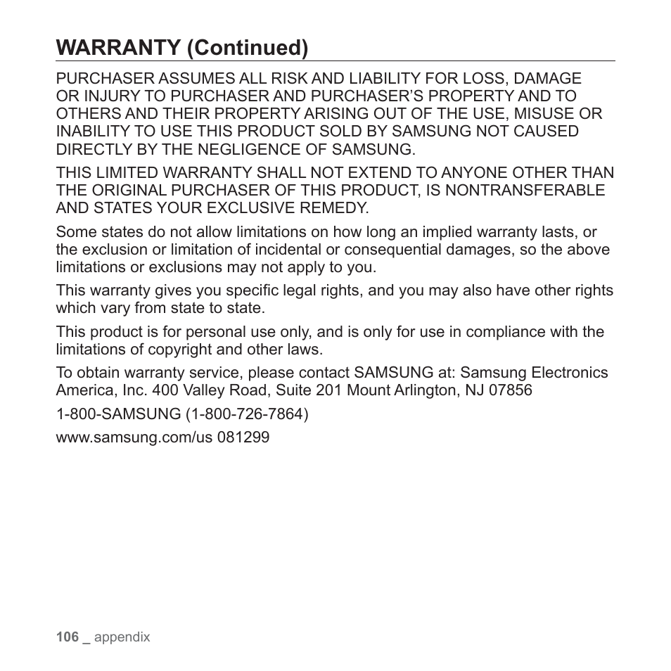 Warranty (continued) | Samsung YP-T10JAUY-XAA User Manual | Page 106 / 107