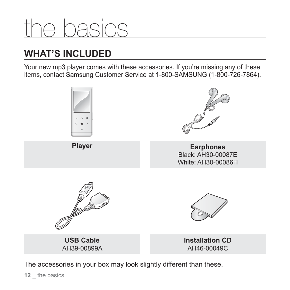 The basics, What’s included | Samsung YP-T10JAUY-XAA User Manual | Page 12 / 107