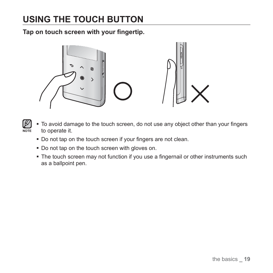 Using the touch button | Samsung YP-T10JAUY-XAA User Manual | Page 19 / 107