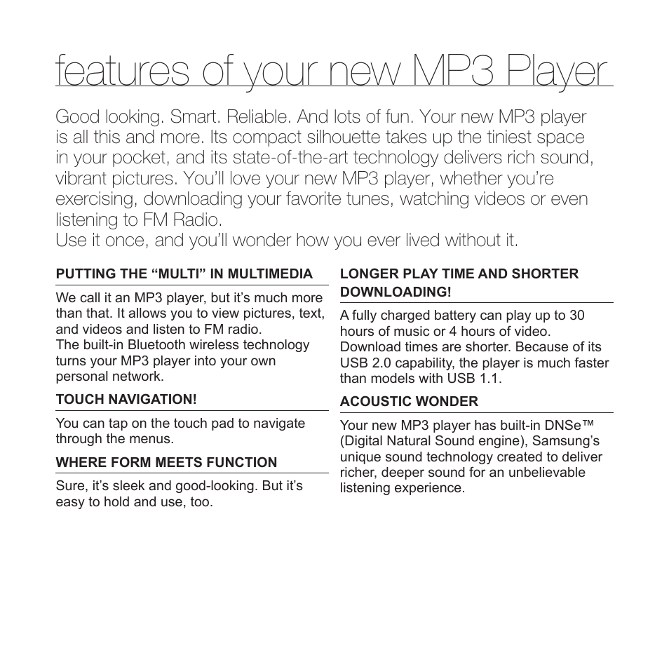 Features of your new mp3 player | Samsung YP-T10JAUY-XAA User Manual | Page 2 / 107