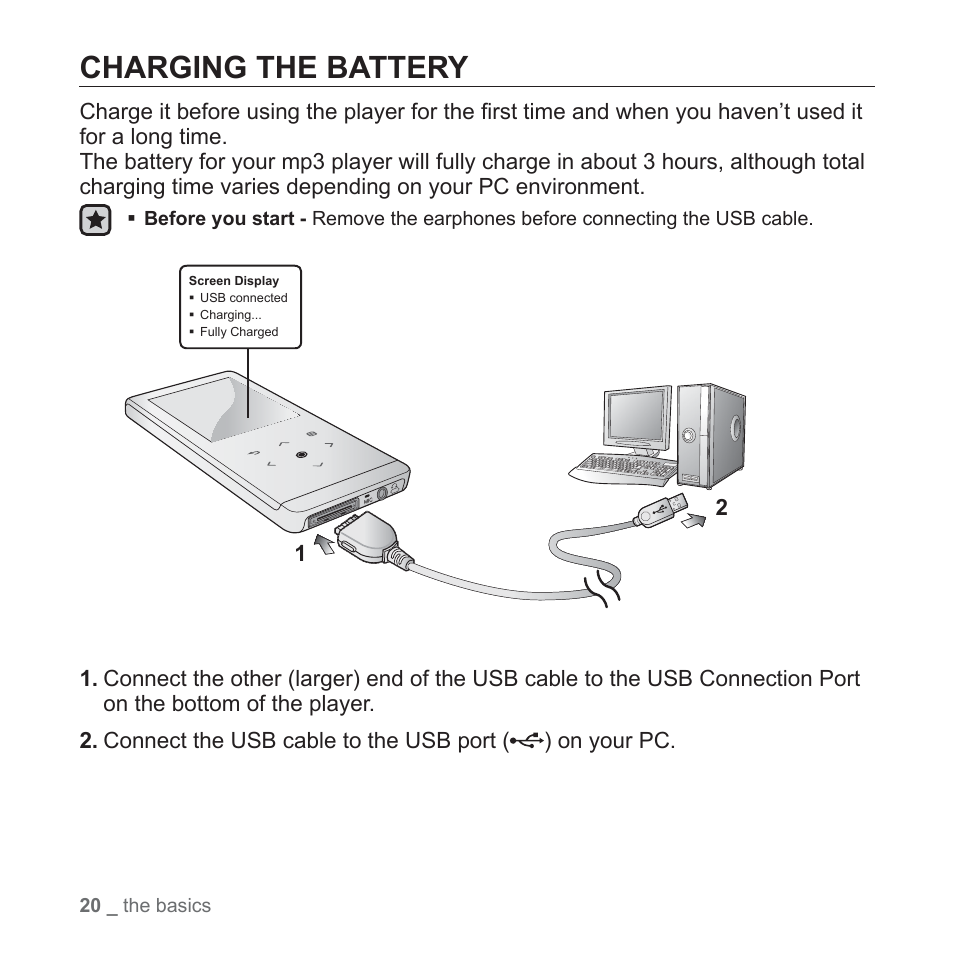 Charging the battery | Samsung YP-T10JAUY-XAA User Manual | Page 20 / 107