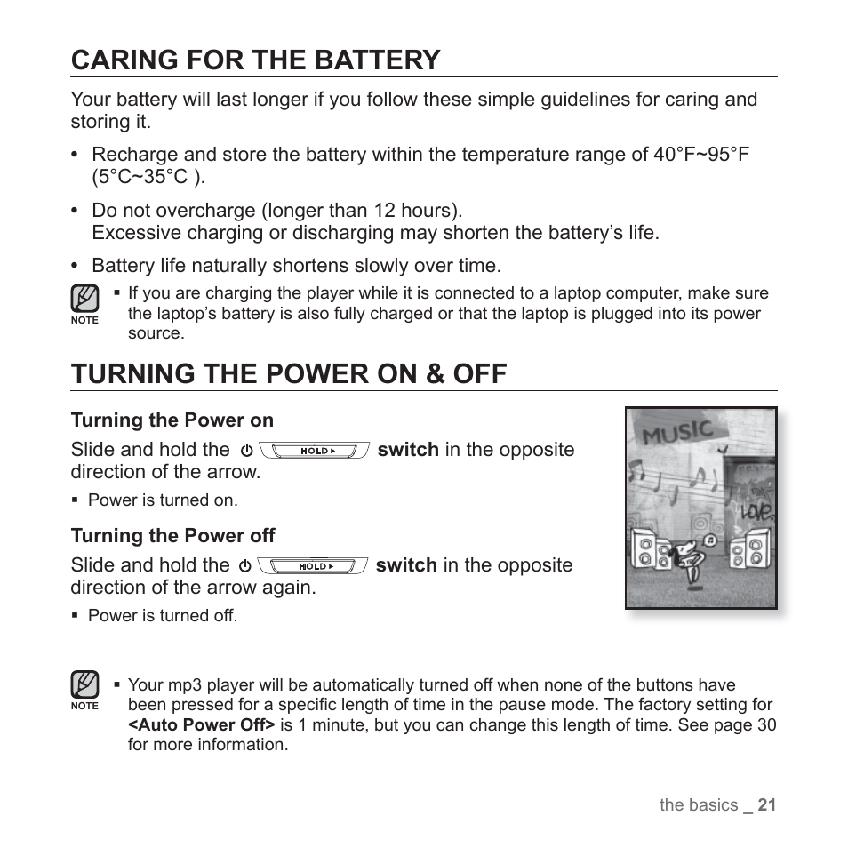 Caring for the battery, Turning the power on & off | Samsung YP-T10JAUY-XAA User Manual | Page 21 / 107