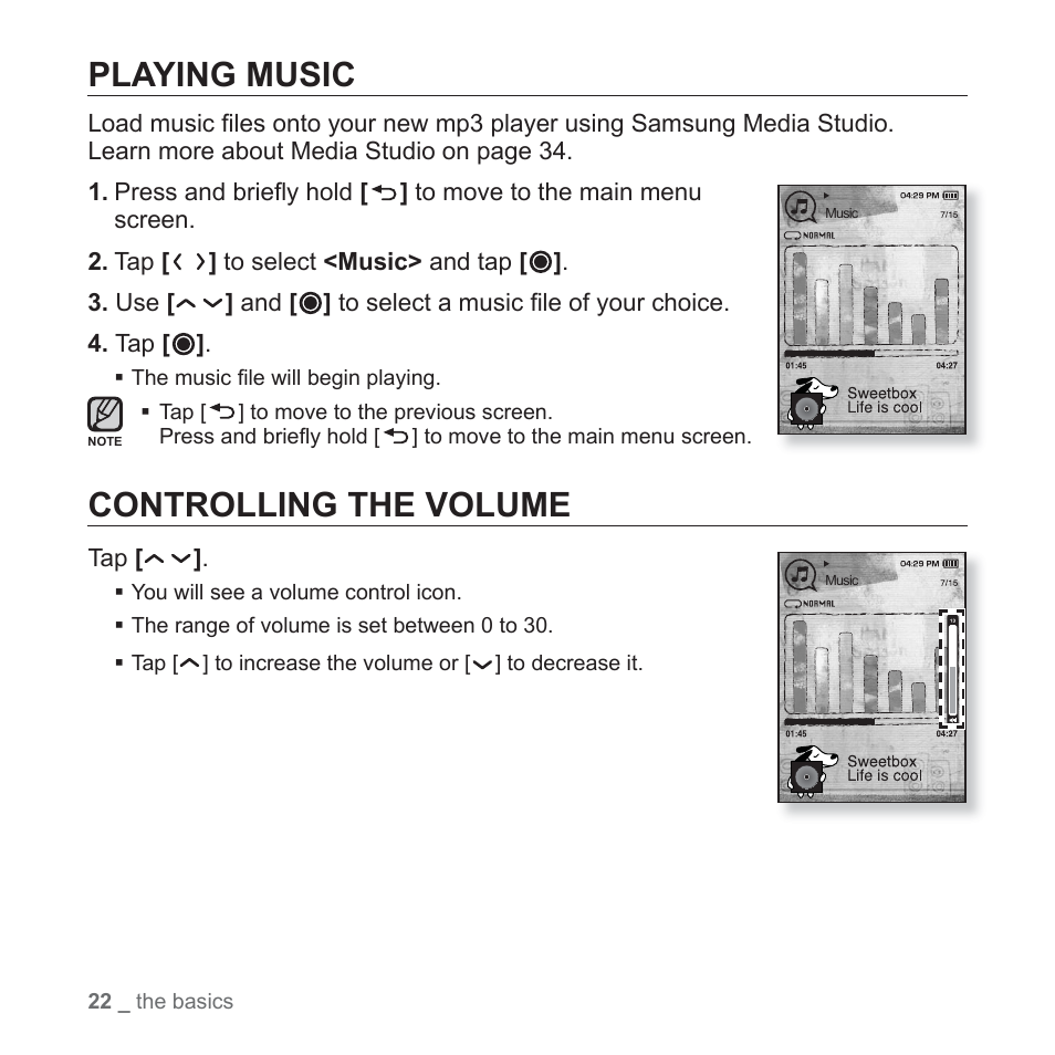 Playing music, Controlling the volume | Samsung YP-T10JAUY-XAA User Manual | Page 22 / 107