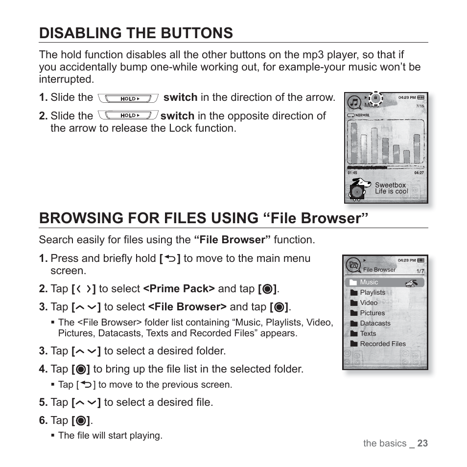 Disabling the buttons, Browsing for files using “file browser | Samsung YP-T10JAUY-XAA User Manual | Page 23 / 107