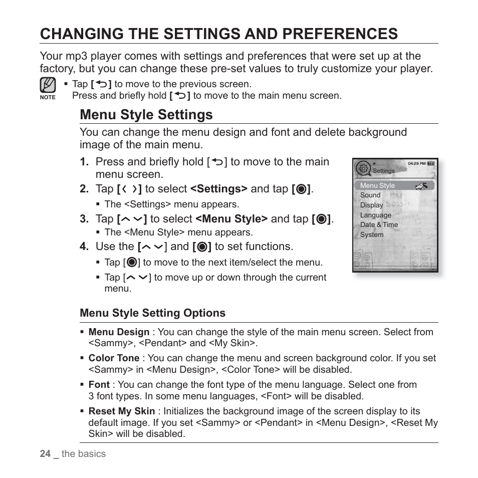 Changing the settings and preferences, Menu style settings | Samsung YP-T10JAUY-XAA User Manual | Page 24 / 107