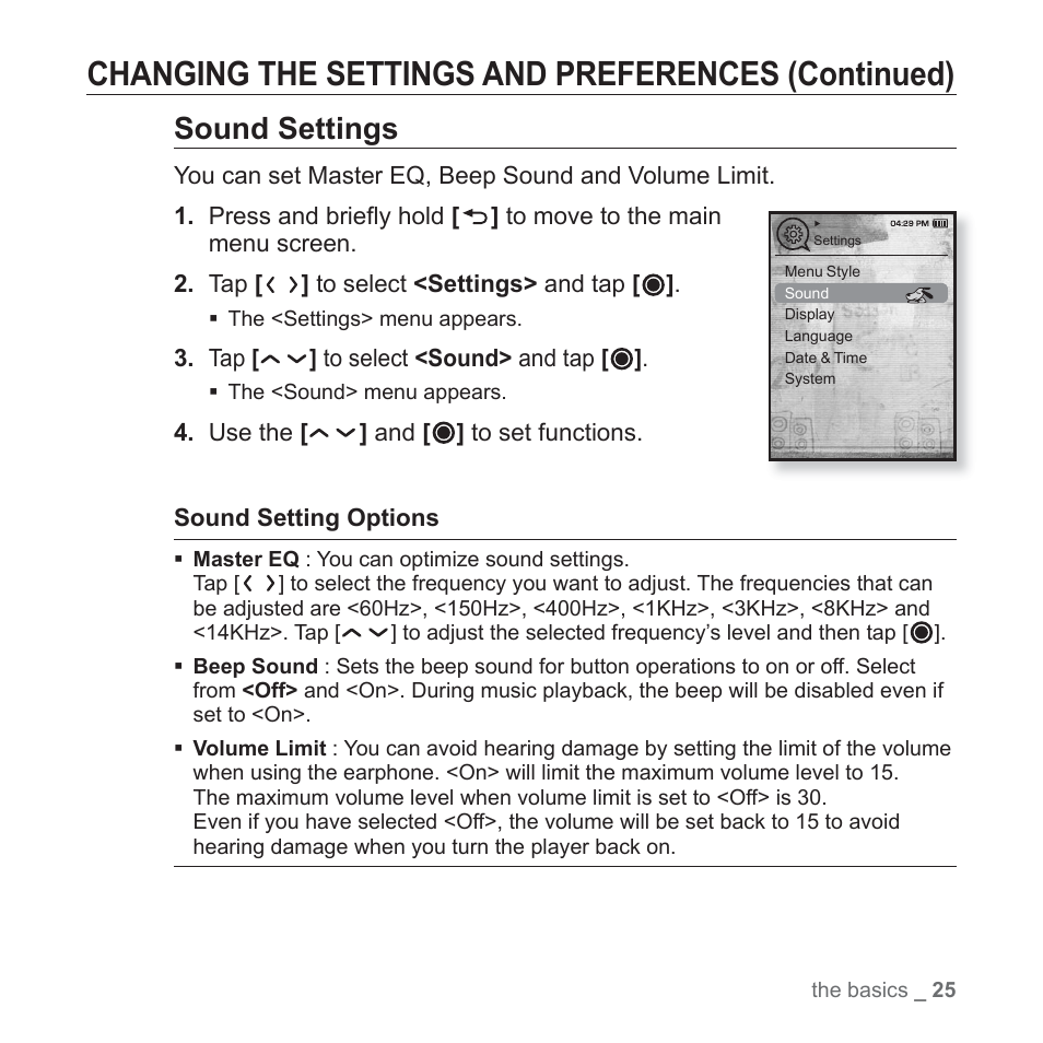 Changing the settings and preferences (continued), Sound settings | Samsung YP-T10JAUY-XAA User Manual | Page 25 / 107