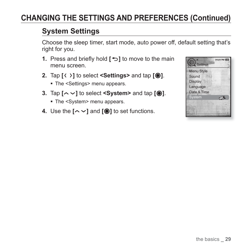 Changing the settings and preferences (continued), System settings | Samsung YP-T10JAUY-XAA User Manual | Page 29 / 107