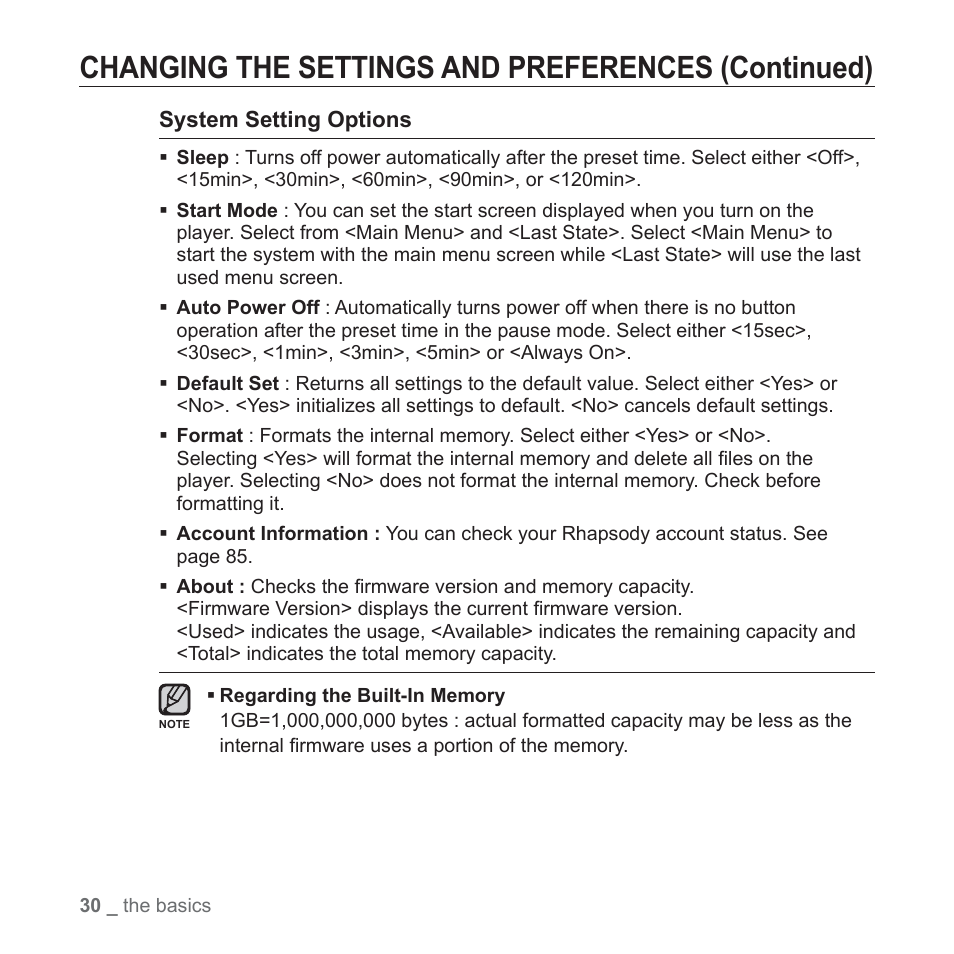 Changing the settings and preferences (continued) | Samsung YP-T10JAUY-XAA User Manual | Page 30 / 107