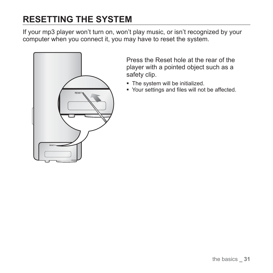 Resetting the system | Samsung YP-T10JAUY-XAA User Manual | Page 31 / 107