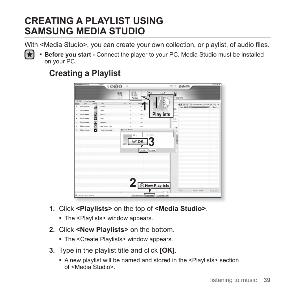 Creating a playlist usingsamsung media studio, Creating a playlist using samsung media studio, Creating a playlist | Samsung YP-T10JAUY-XAA User Manual | Page 39 / 107