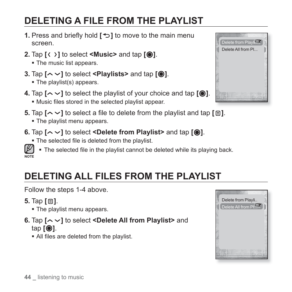 Deleting a file from the playlist, Deleting all files from the playlist | Samsung YP-T10JAUY-XAA User Manual | Page 44 / 107