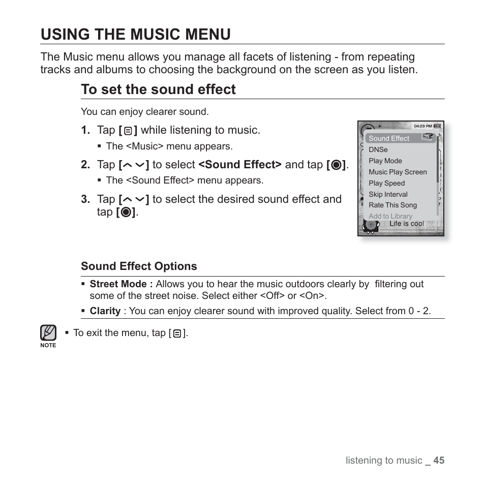 Using the music menu | Samsung YP-T10JAUY-XAA User Manual | Page 45 / 107