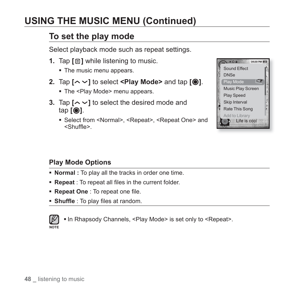 Using the music menu (continued) | Samsung YP-T10JAUY-XAA User Manual | Page 48 / 107